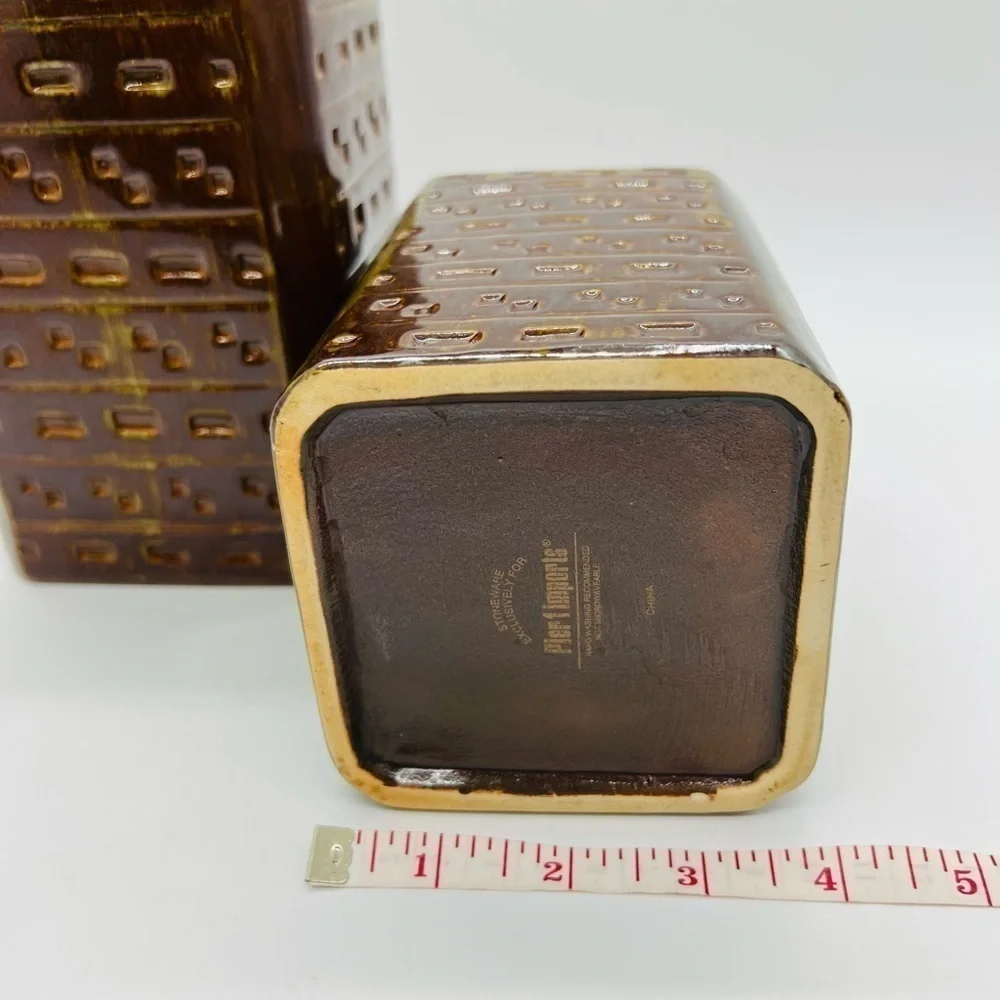 PIER 1 SET OF TWO BROWN GLAZED STONEWARE CANISTERS